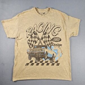 Dodge Racing 1969 Graphic T Shirt Mens Large Tan Acid Wash Muscle Car Tee